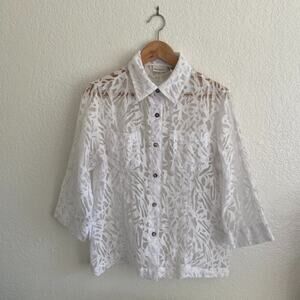 Retro White Stag White Semi-Sheer Burnout Button Up 3/4 Sleeve Blouse Medium